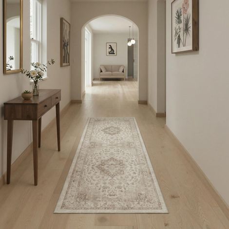Tapis Salon Vintage Entree 80x150cm Lavable en Machine AntidéRapant Poil Ras, pour Chambre Salle a Manger Descente de Lit Bureau, Cuisine, Beige (1/5)