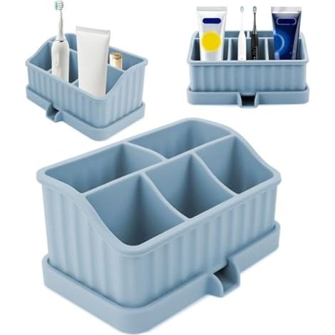 Organisateur de douche et de rangement avec porte-savon amovible, base antidérapante et système d'évacuation facile, idéal pour lavabo, buanderie ou chambre, bleu. (1/5)
