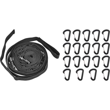 Tendedero para acampar al aire libre, 59 x 2,5 cm, Con 19 mosquetones, Para colgar equipo de camping y otros artículos, Negro (1/5)