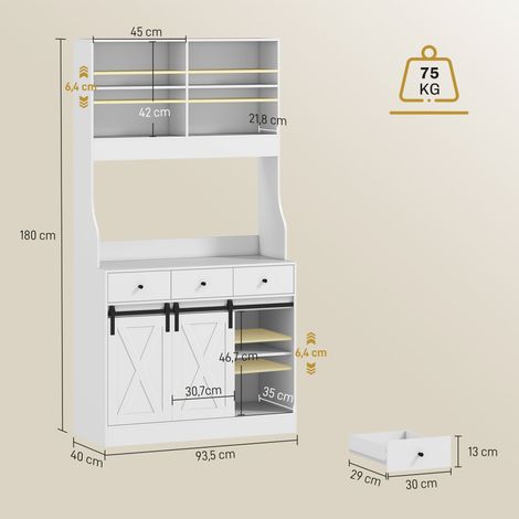 Meuble de cuisine avec étagères, placards, tiroirs et espace de rangement, style campagnard, étagères réglables, bois, blanc (1/5)