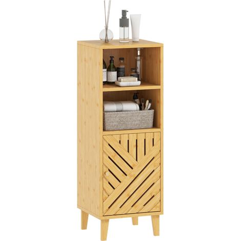 Meuble de salle de bain étroit, unité de rangement avec 2 étagères ouvertes, porte et pieds en bambou, 32 x 30 x 90 cm, naturel (1/5)