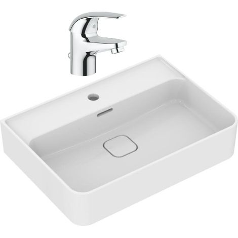 Strada II Waschbecken 600x430 mm, 1 Hahnloch + Grohe Swift Waschtischarmatur Größe S, Chrom (T300001G23919000)