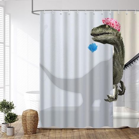 Rideau de douche dinosaure amusant, rideau de salle de bain en tissu avec motif dinosaure de dessin animé, 180 x 200 cm (1/3)