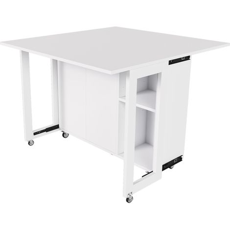 Klapptisch als Esstisch mit 2 Türen, Ablagen und Feststellrollen für Küche und Esszimmer, aus Spanplatte, Weiß (1/5)