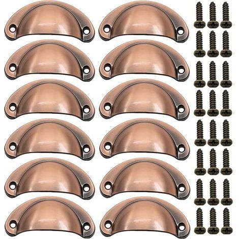 Lot de 12 poignées coquillage vintage pour commode, meuble de cuisine, forme demi-lune, 8,1 cm x 3,5 cm, bronze rouge brossé (1/5)