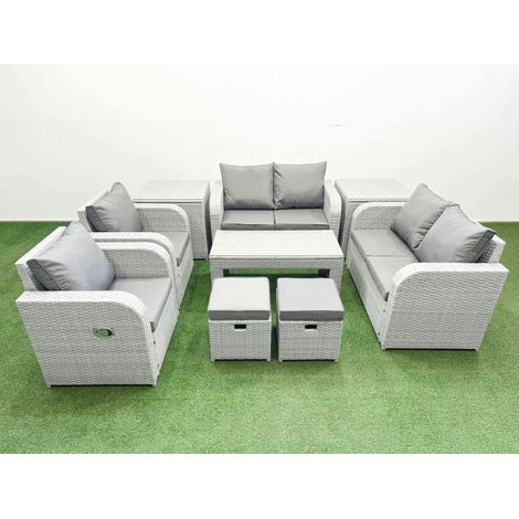 Fimous 8 Seater Outdoor Reclining Chair Love Sofa Set Rattan Garden Furniture Set with Oblong Coffee Table 2 Stools 2 Side Table Light Grey (1/4)