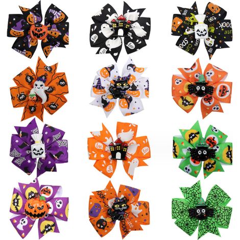 Lot de 12 barrettes nœuds Halloween – pinces crocodiles, citrouille, château, bonbon, fantôme, chat, araignée (1/5)