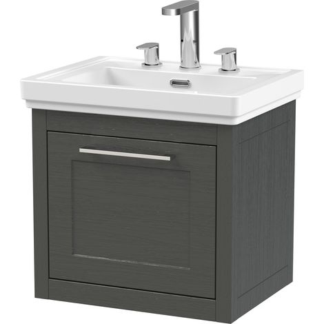 Blithbury Traditional Bathroom Wall Hung 1 Drawer Vanity Unit and 3 Tap Hole Fireclay Basin, 500mm, Woodgrain Dark Grey (1/5)