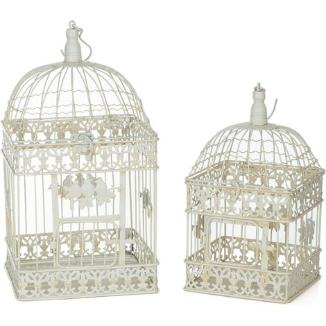 Lot de 2 Cage à oiseaux en métal blanc vieilli, ornements floraux, style vintage, pour intérieur et extérieur (1/5)
