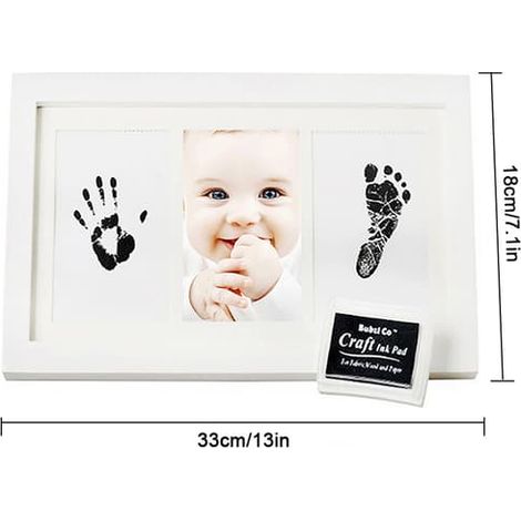 Cadre photo empreintes de mains et de pieds de bébé en bois massif blanc (33 x 18 x 2 cm), décoration intérieure, avec 5 feuilles d'encre noire. Cadeau idéal pour une baby shower. (1/5)
