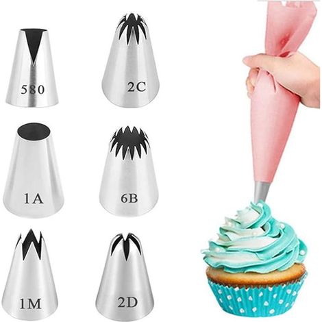 Ensemble de 6 douilles professionnelles de grande taille (580, 2D, 2C, 1M, 1A, 6B) pour poches à douille - décoration et préparation de cupcakes, gâteaux, tartes, croquettes (1/5)
