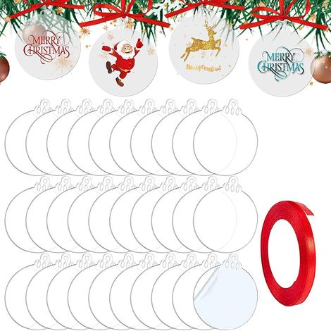 (7,6 cm)30 pcs Boules de Noël Rondes Feuille Acrylique Transparent avec Ruban, Boules Plates pour travaux manuels, Noël disques Acrylique Transparent pour décoration de fête d'arbre (1/5)