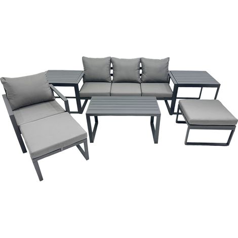 Fimous 6 Seat Outdoor Garden Furniture Set Aluminium Lounge 3 Seat Sofa Oblong Coffee Table Sets with Chair 2 Big Stools 2 Side Tables Dark Grey (1/5)