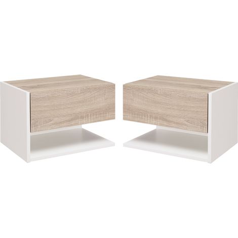 Lot de 2 tables murales de chevet JOSE aspect chêne clair et blanc (1/5)