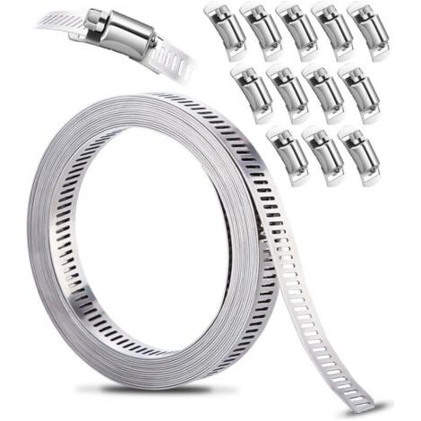 Kit de Colliers de Serrage DIY Inox 304, 3.5m Bande Perforée en Métal + 12 Pièces Fixation, Réglable, pour Tuyaux, Gaz, Eau, Voiture, Machine à Laver, Jardin (1/5)