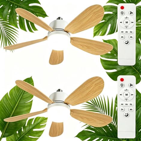 Juego de 2 ventiladores de techo con luz y control remoto, E27/E26, 40 W, luz LED regulable, temporizador, silencioso, 5 aspas, 3 velocidades para dormitorio, sala de estar u oficina. (1/5)