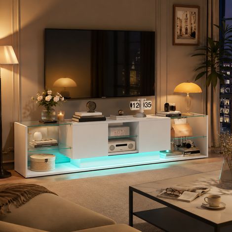 Meuble TV 200×35×45 cm, 2 ports, étagères en verre ouvertes, armoire télévision, lumières LED, panneau brillant, meuble de salon, grande capacité, sans poignées, style moderne, Blanc (1/5)