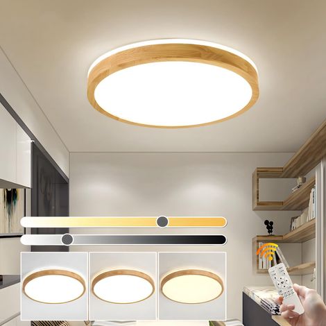 Plafonnier LED Bois, Lampe Ronde en Bois Naturel Lueur à 360° Intensité variable avec télécommande 2700K-6500K, 30W Salon, salle à manger, couloir, maison, bureau, chambre d'enfant (Ø40cm) (1/5)