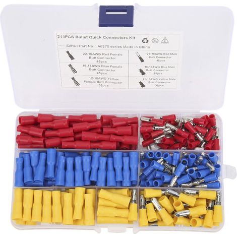 Jeu de 244 Connecteurs de Fils Femelle Mâle sans Soudure Rouge Bleu Jaune pour Atelier Garage (1/5)