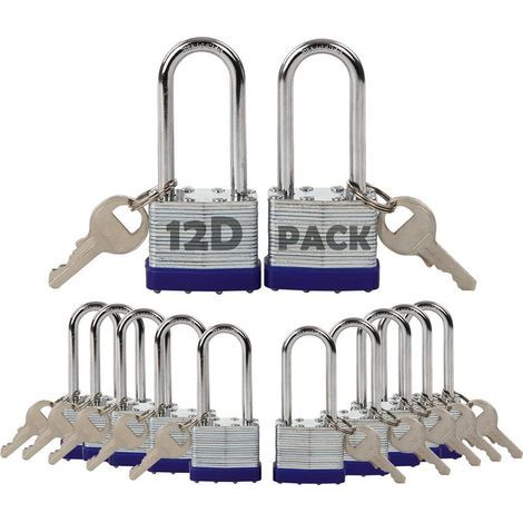 [French Days]Paquet de 12 cadenas à clé identique avec 14 pièces identiques, anse extra longue, corps en acier laminé robuste de 1-9/16" 40 mm, antirouille, pour casier extérieur et intérieur, clôture (1/5)