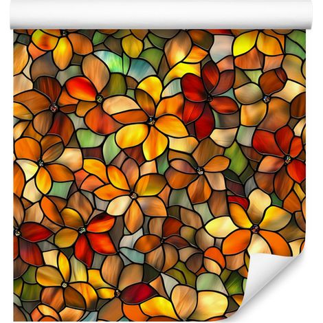Carta da parati con fiori effetto vetrata, oro, arancione e ocra, 50x1000 cm (1/5)