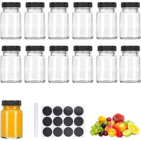 Flaconi da shot in plastica da 60 ml per il riempimento, 13 piccole bottiglie di vetro riutilizzabili con etichette per succo, zenzero, spezie, nero (1/5)