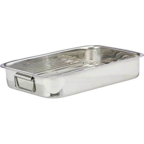 , Bräter mit Rost XL, Edelstahl, backofengeeignete Schwedenschale, spülmaschinenfest, Bratreine, Gitter, silber