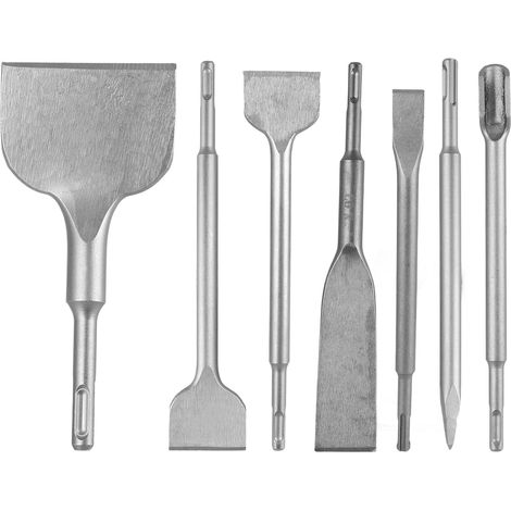 Set de 7 Burins SDS Plus pour Carrelage et Béton, Burin Plat SDS Plus avec Burin Pointu et Burin Rainure U, Burin à Carrelage Coudé en Acier Trempé pour Démolition et Maçonnerie (1/5)