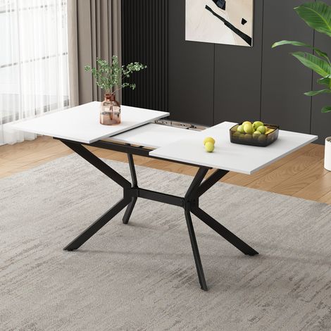 Ausziehbarer Esstisch 120/160x80 cm Weiß MDF mit schwarzen Metallbeinen, modern und stabil (1/5)