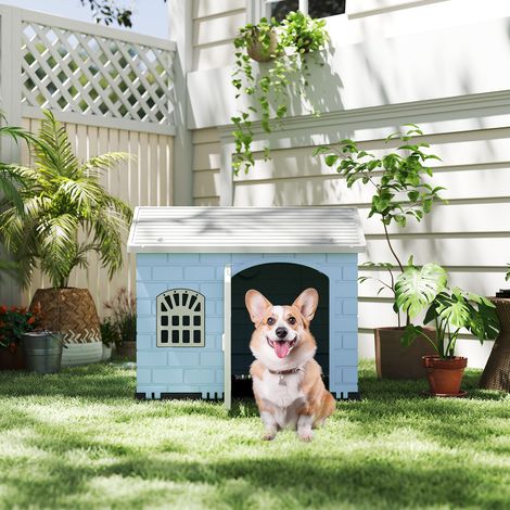 Cage pour chien en plastique imperméable, niche pour chien avec porte verrouillable, 3 fenêtres et toit en pente pour petits chiens et chats - bleu (1/5)