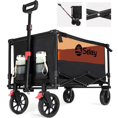 Sekey Chariot pliable 160 L – charge 150 kg – freins – plage & camping – Noir et Orange (1/5)