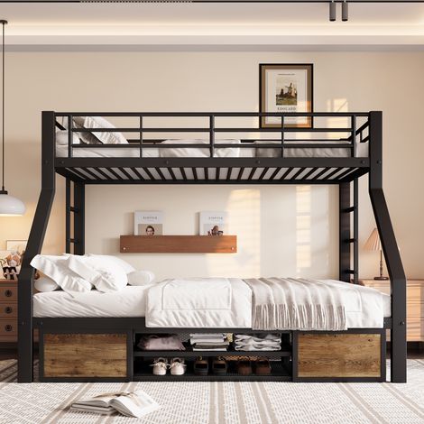 Lit superposé 90/140 x 200 cm - lit mezzanine avec rangements, barrières de sécurité, design nordique, convient aux adolescents et aux adultes - Noir