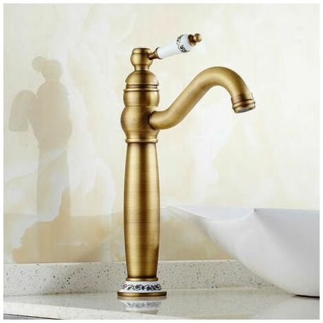 1 Mitigeur lavabo, laiton brossé, poignée céramique fleurie, eau chaude froide, salle de bain vintage (1/4)