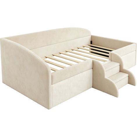 Cama infantil tapizada 90 x 190 cm de terciopelo beige con escalones y barreras, sin colchón (1/5)