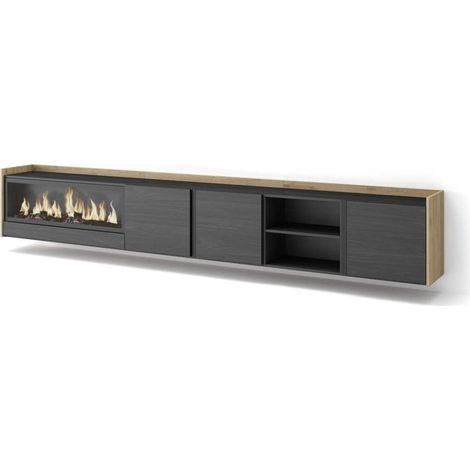 Mueble TV Cajiz-02 de 315x50x35 cm con chimenea eléctrica XXL, suspendido, color negro y roble (1/4)