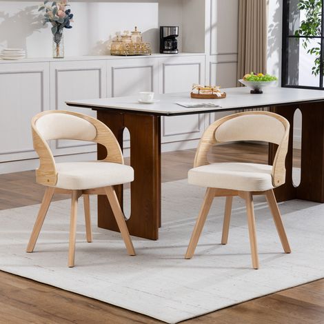 Set di 2 sedie da pranzo girevoli in lino e legno, con schienale, stile moderno, beige (1/5)