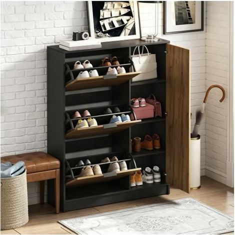 Meuble À Chaussures 100x30x130cm 3 Abattants 1 Porte - Rangement Chaussures - Pour 12 Paires Bois Naturel et Noir Gain de Place (1/5)