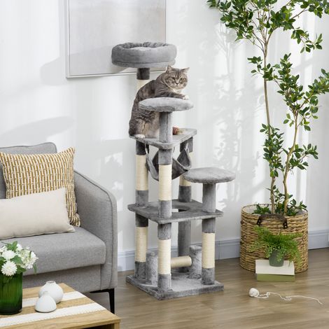 4-stöckiger Katzenkratzbaum mit Hängematte, Plattformen aus natürlichem Sisalplüsch, Höhe 132 cm, Grau