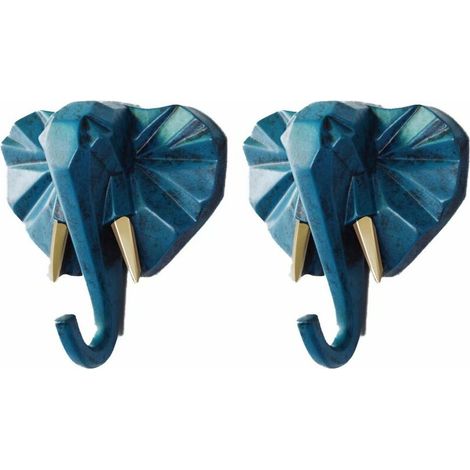 Lot de 2 crochets muraux en forme d'animaux, têtes de cerf perforées, à fixer derrière une porte (Éléphant bleu rétro) (1/5)