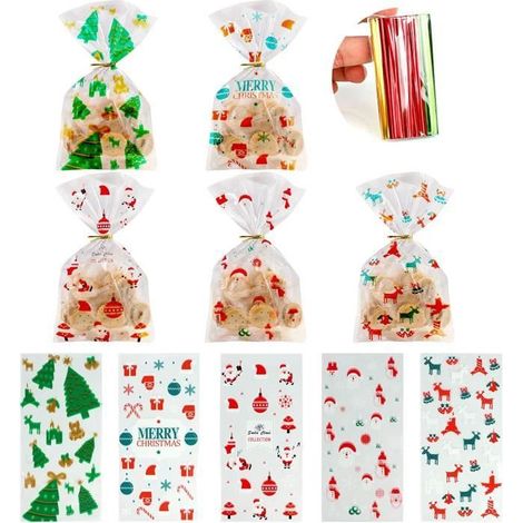 WOVTE 150 PCS Sacs de Cellophane de Noël 5 Styles Sacs de Friandises avec 180 PCS Cravates Torsadées pour les Bonbons et Biscuits (1/4)
