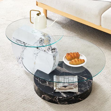 Table basse minimaliste moderne – Deux niveaux verre de sécurité, finition effet marbre noir et blanc – Contraste chic pour salon (1/5)