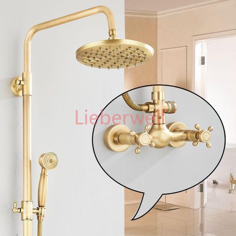 8 Inch LIEBERWELL Antique Brass Bathroom Shower Faucet Set, Wall Mount Dual Handle with Handheld Shower Shelf, Hot and Cold Rain Shower Mixer System (1/5)