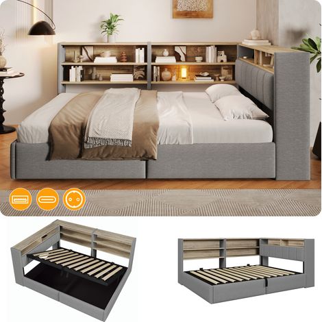Lit double - Canapé-lit 140 x 200 cm, suspension hydraulique, prise électrique, éclairage LED, ports USB et USB-C, Gris (1/5)