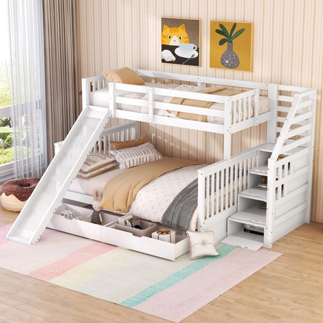 Lit superposé en bois massif - 90x200cm + 140x200cm - avec escalier de rangement et toboggan - Blanc (1/5)