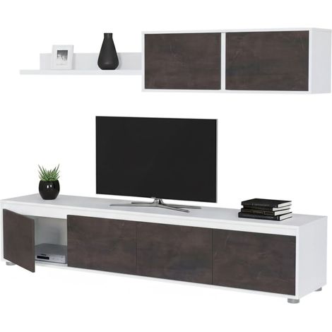 Parete attrezzata Amir, Mobile da soggiorno porta TV, Composizione set salotto, Set salotto con pensile, 200x41h43 cm, Bianco e Ossido