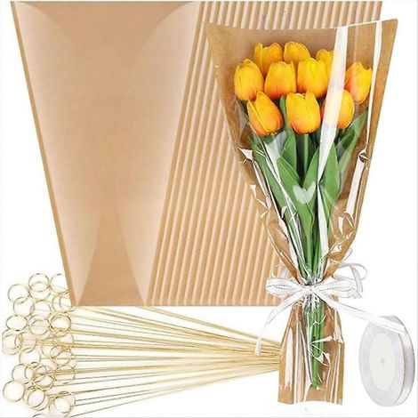 50 sachets à fleurs pour bouquets avec 50 supports pour cartes florales et rubanspapier d'emballage pour bouquets de fleurs (1/5)