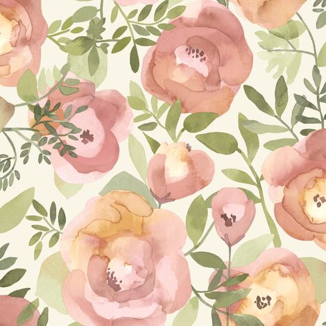 Bloom Floral Wallpaper Watercolour Flowers Cream Pink Green Feature Wall (1/4)