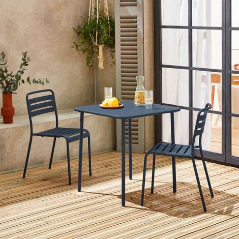 Table de jardin métal + 2 assises bleu marine Amélia