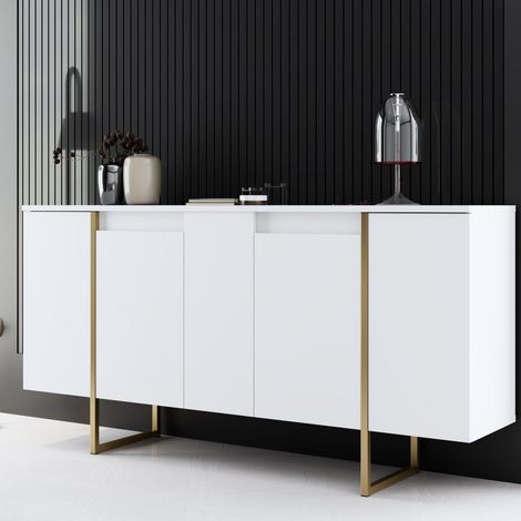 Modern Sideboard Weiß Luxus 160x80x35 - Goldener Rahmen