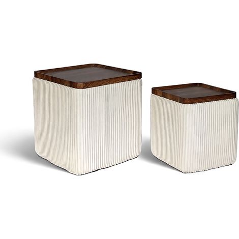 Set 2 Pouf Contenitore Quadrati in Velluto con Coperchio in Legno, Tavolino da Salotto Moderno, Pouf Contenitore Salvaspazio, Seduta Imbottita, Pouf Poggiapiedi Beige